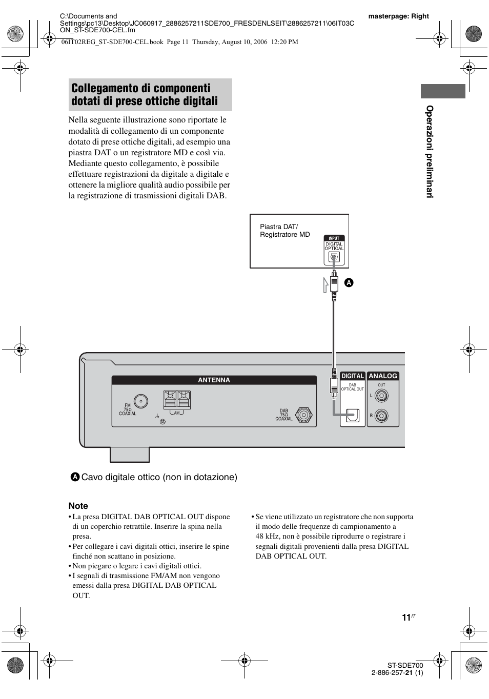 Acavo digitale ottico (non in dotazione) | Sony ST-SDE700 User Manual | Page 169 / 192