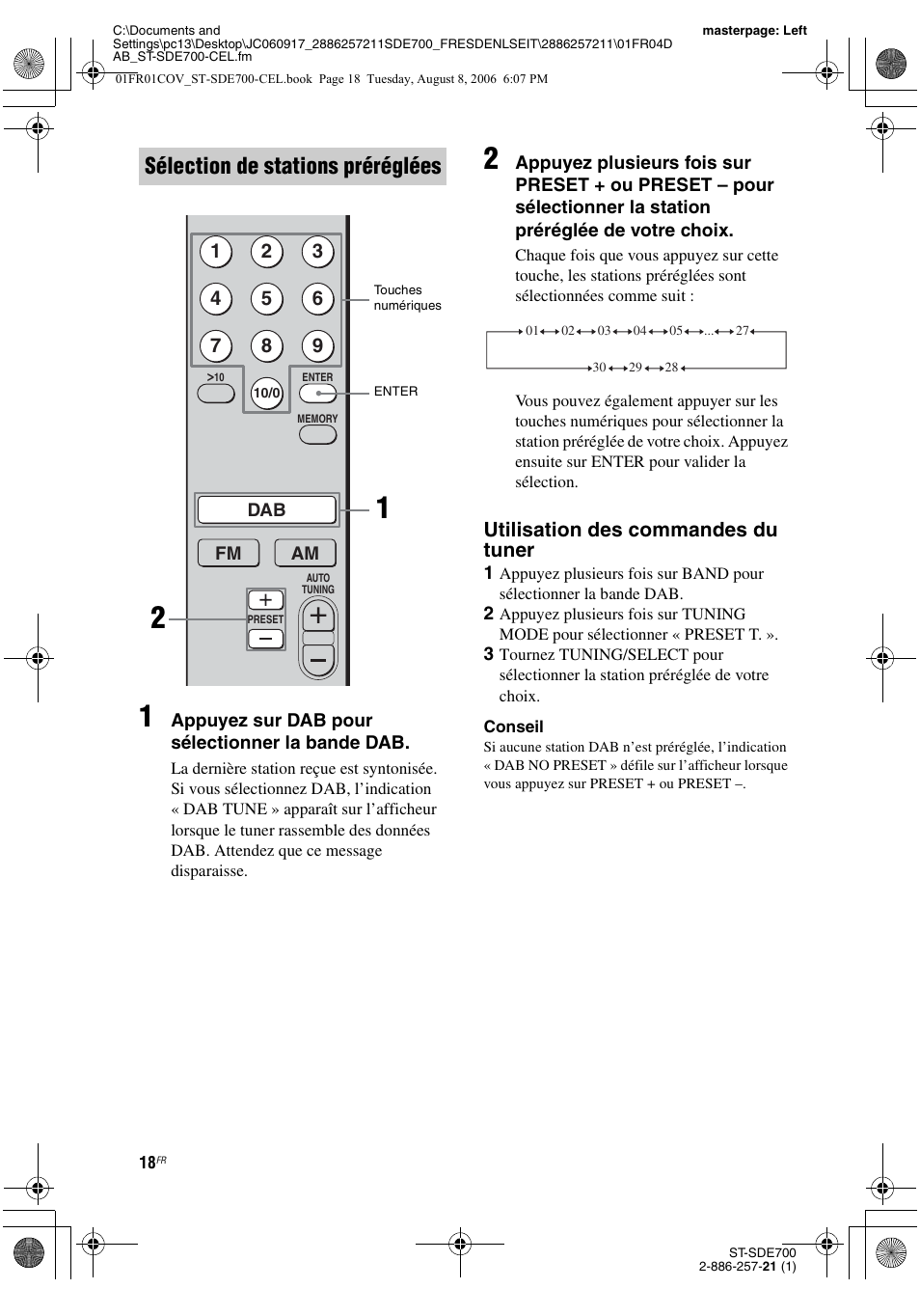 Es 18, Sélection de stations préréglées, Utilisation des commandes du tuner | Sony ST-SDE700 User Manual | Page 18 / 192