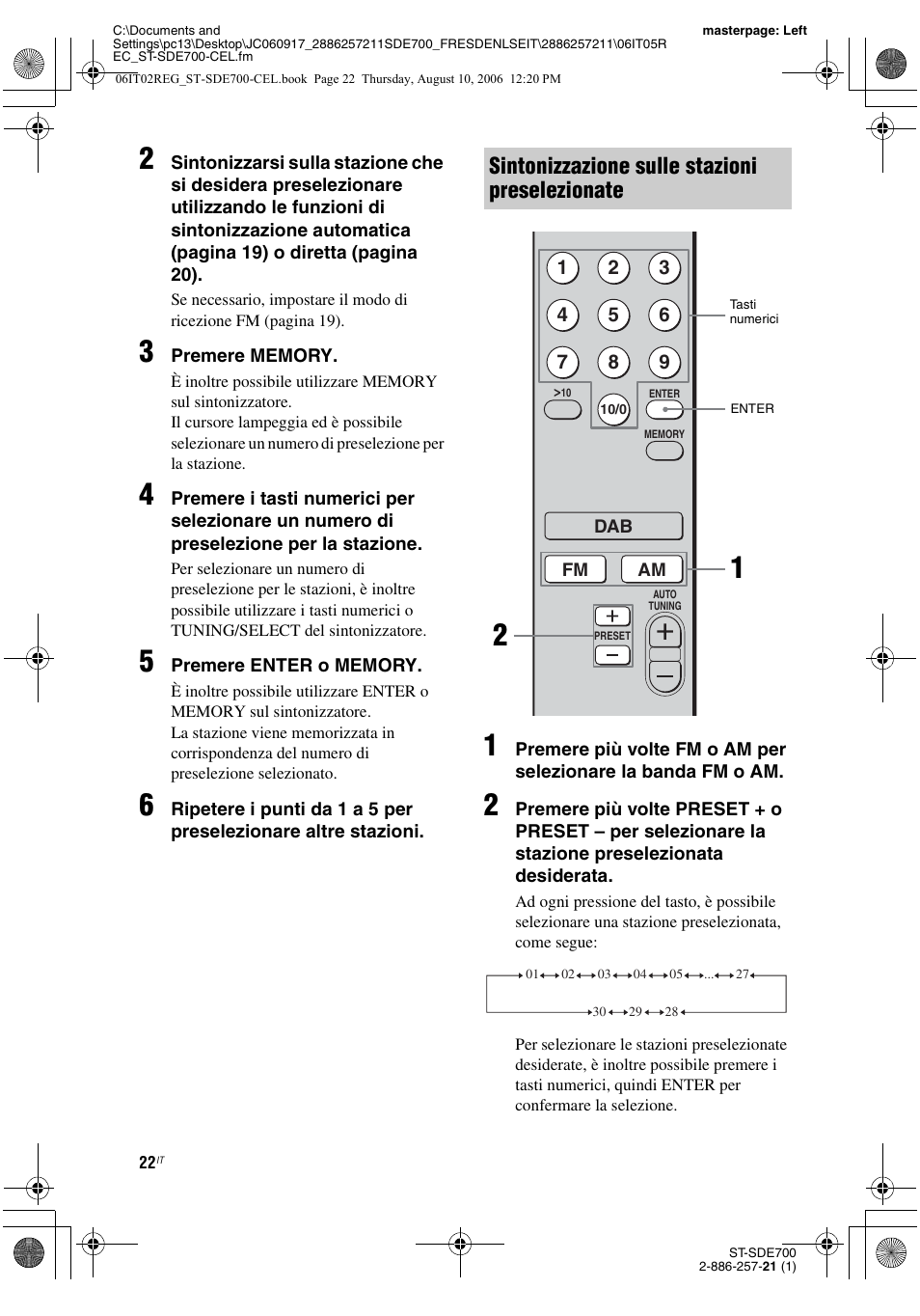 Sintonizzazione sulle stazioni preselezionate | Sony ST-SDE700 User Manual | Page 180 / 192