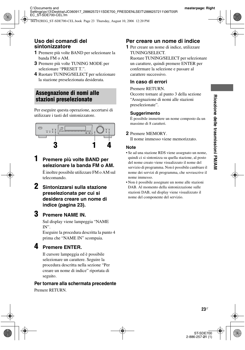 Assegnazione di nomi alle stazioni preselezionate, Uso dei comandi del sintonizzatore, Per creare un nome di indice | Sony ST-SDE700 User Manual | Page 181 / 192