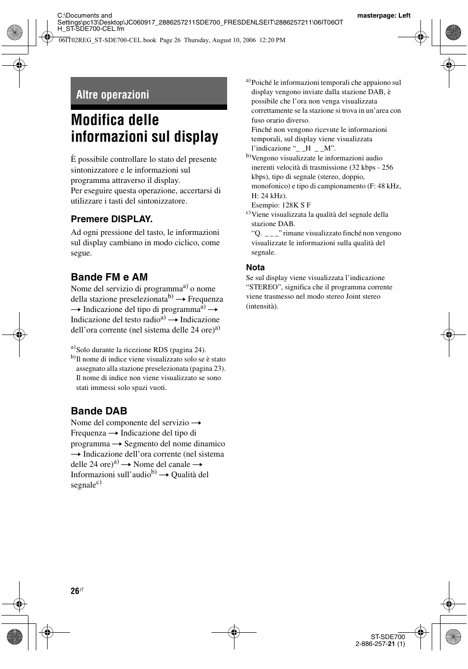 Altre operazioni, Modifica delle informazioni sul display, Bande fm e am | Bande dab | Sony ST-SDE700 User Manual | Page 184 / 192
