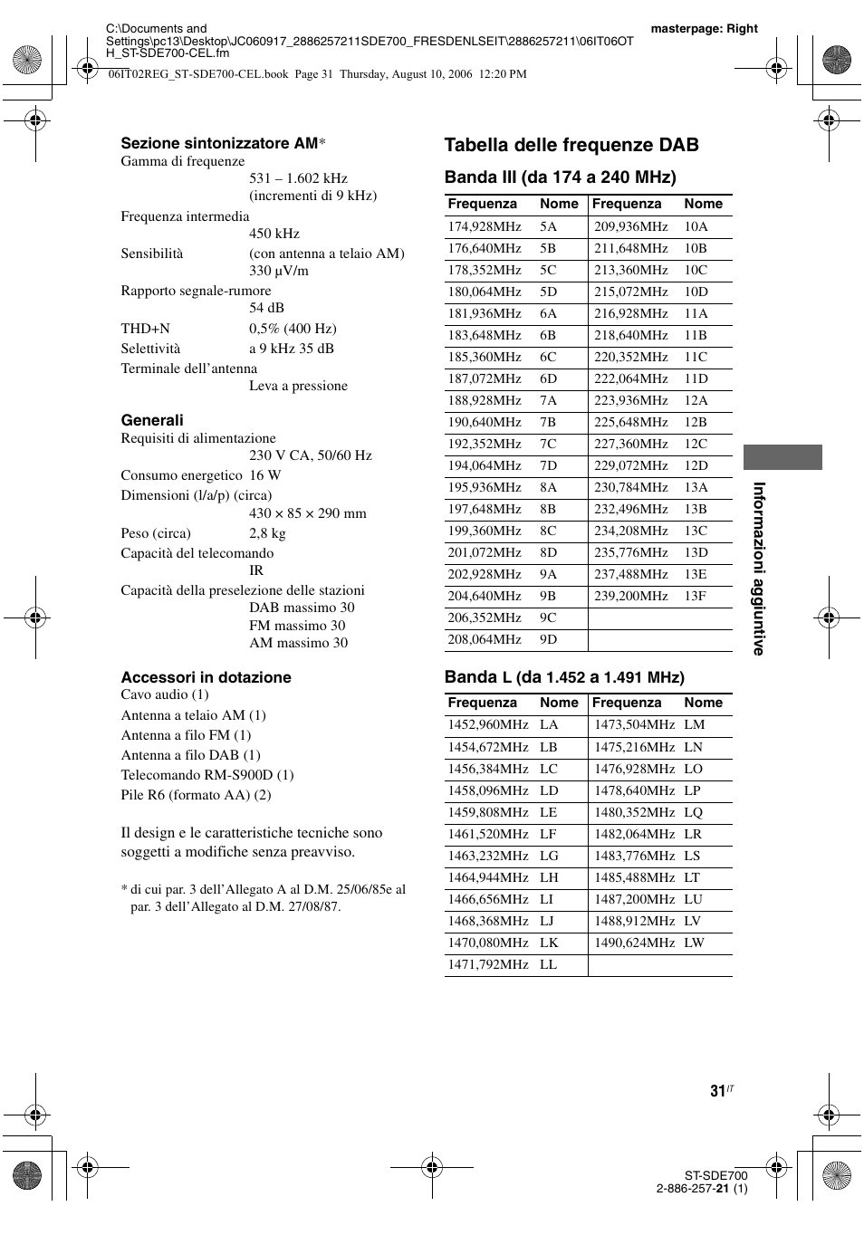 Tabella delle frequenze dab | Sony ST-SDE700 User Manual | Page 189 / 192