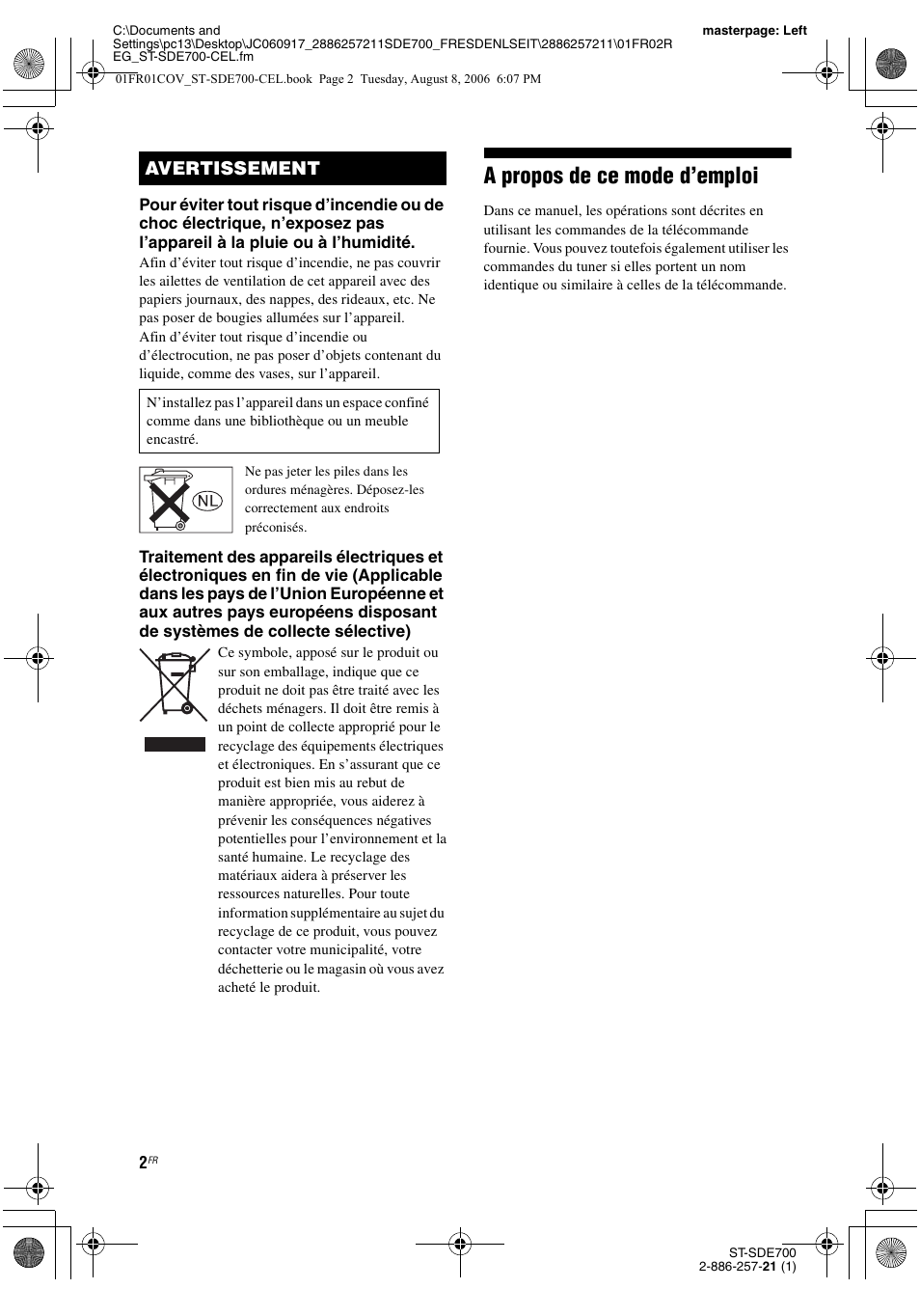 French, A propos de ce mode d’emploi, Avertissement | Sony ST-SDE700 User Manual | Page 2 / 192