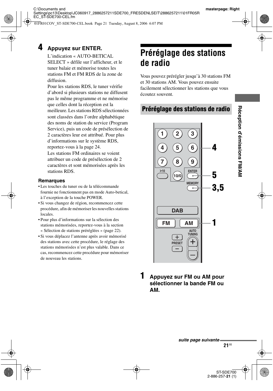 Préréglage des stations de radio | Sony ST-SDE700 User Manual | Page 21 / 192