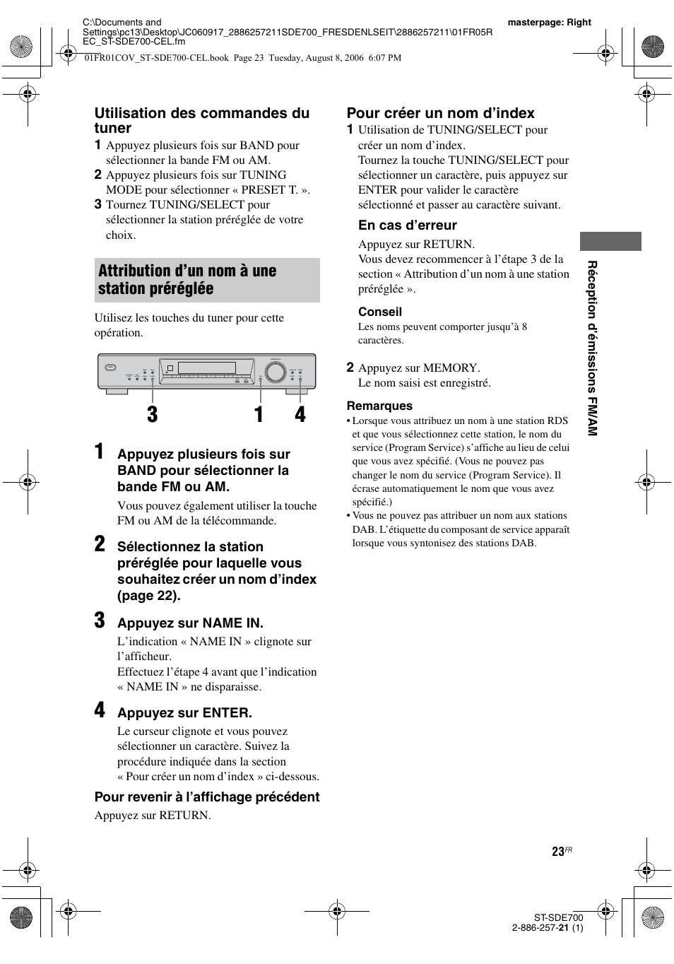 Attribution d’un nom à une station préréglée, Utilisation des commandes du tuner, Pour créer un nom d’index | Sony ST-SDE700 User Manual | Page 23 / 192