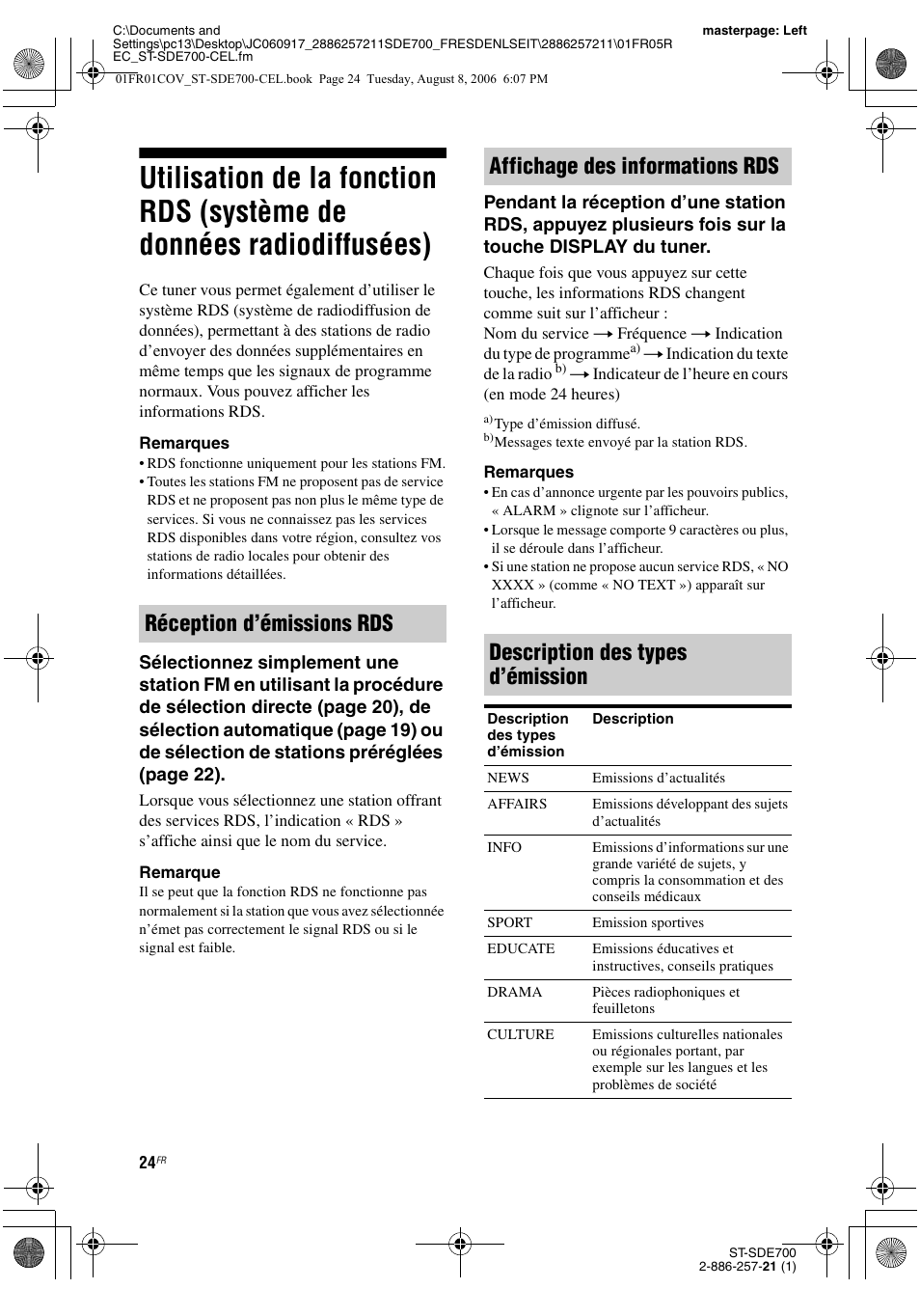 Utilisation de la fonction rds, Système de données radiodiffusées) | Sony ST-SDE700 User Manual | Page 24 / 192
