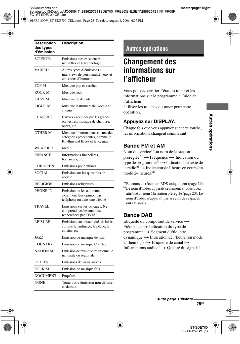 Autres opérations, Changement des informations sur l’afficheur, Changement des informations sur | L’afficheur, Bande fm et am, Bande dab | Sony ST-SDE700 User Manual | Page 25 / 192