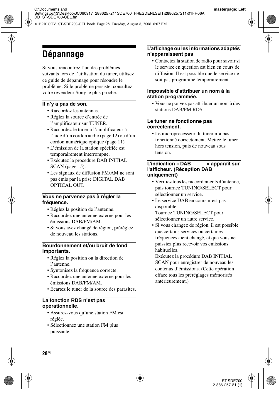 Dépannage | Sony ST-SDE700 User Manual | Page 28 / 192