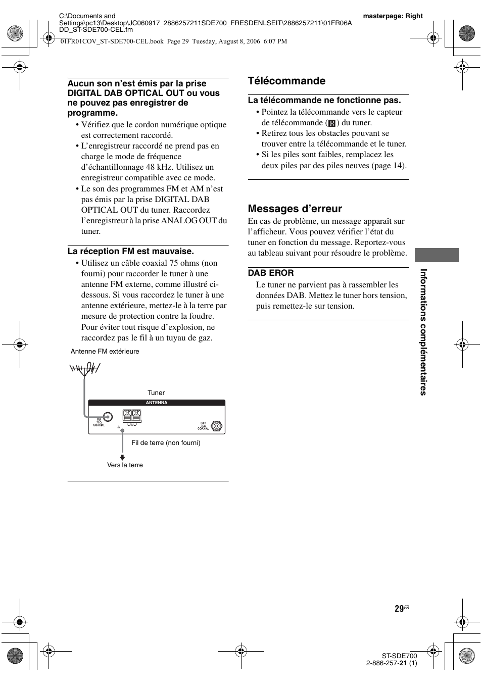 Télécommande, Messages d’erreur | Sony ST-SDE700 User Manual | Page 29 / 192