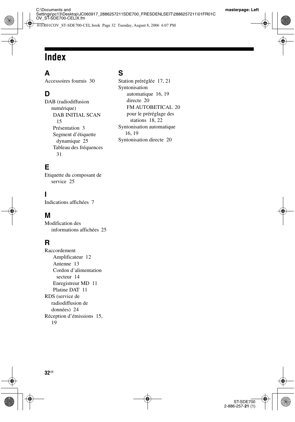 Index | Sony ST-SDE700 User Manual | Page 32 / 192
