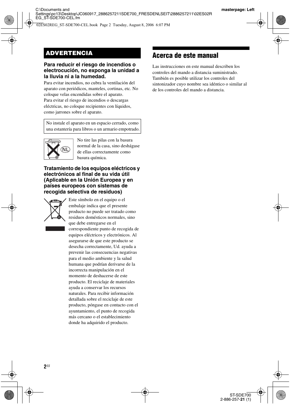 Spanish, Acerca de este manual, Advertencia | Sony ST-SDE700 User Manual | Page 34 / 192