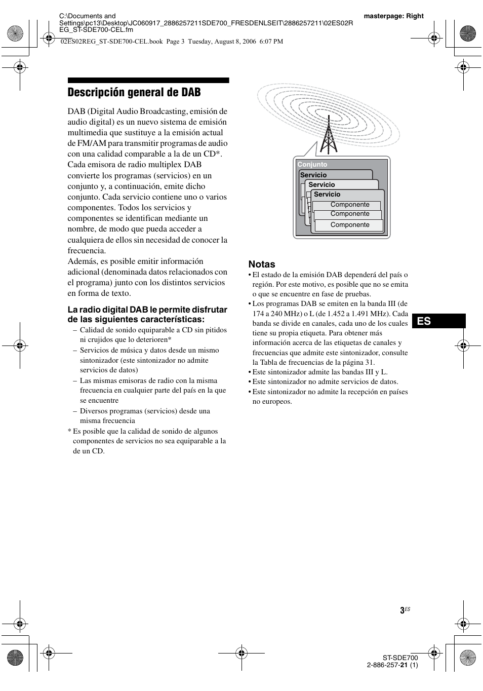 Descripción general de dab, Notas | Sony ST-SDE700 User Manual | Page 35 / 192