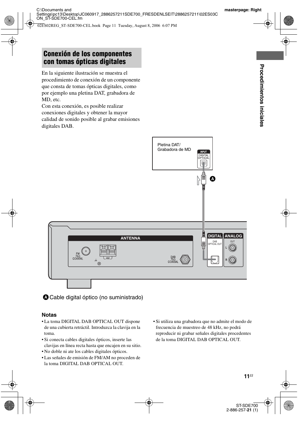 Acable digital óptico (no suministrado) | Sony ST-SDE700 User Manual | Page 43 / 192