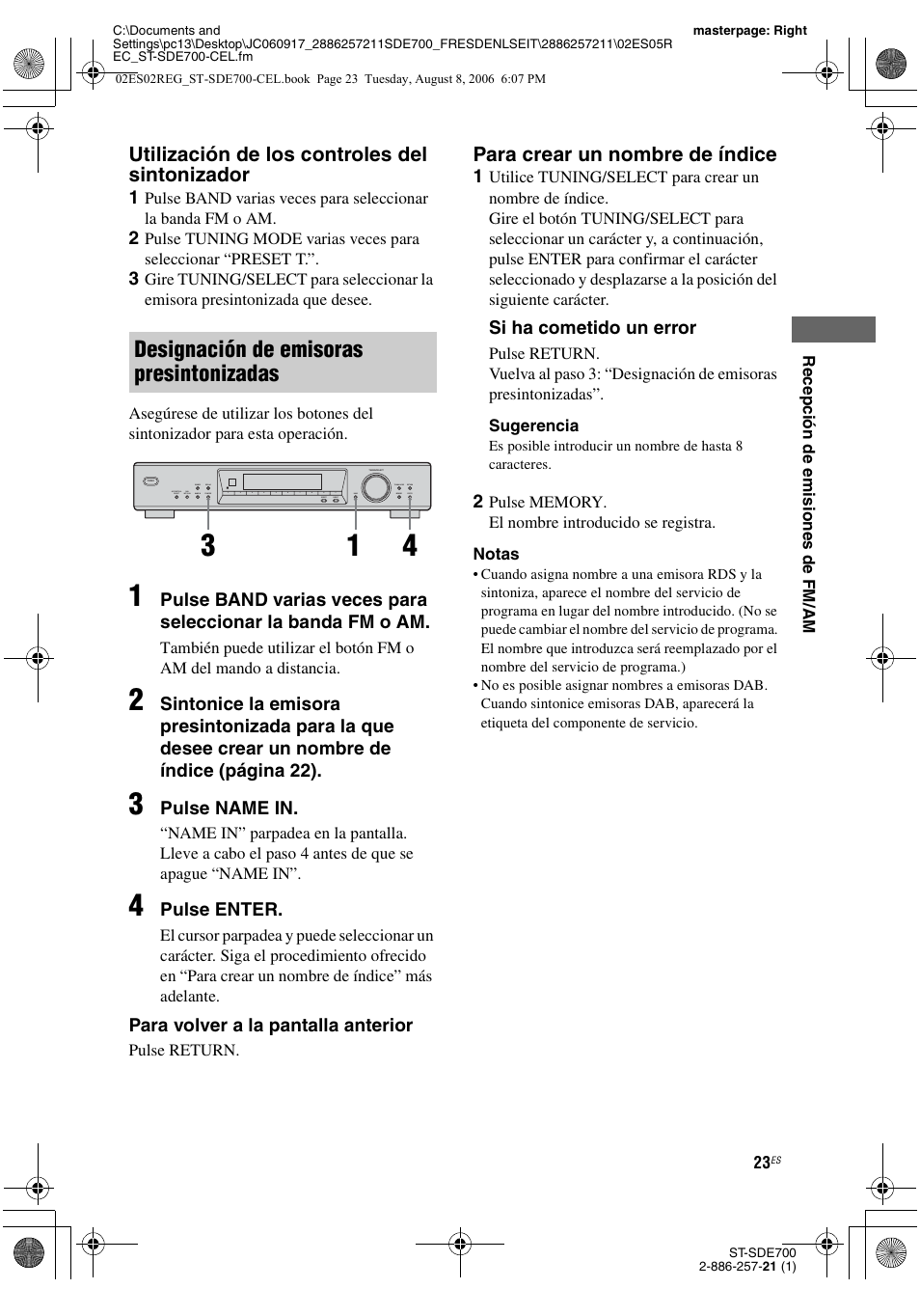 Designación de emisoras presintonizadas, Utilización de los controles del sintonizador, Para crear un nombre de índice | Sony ST-SDE700 User Manual | Page 55 / 192