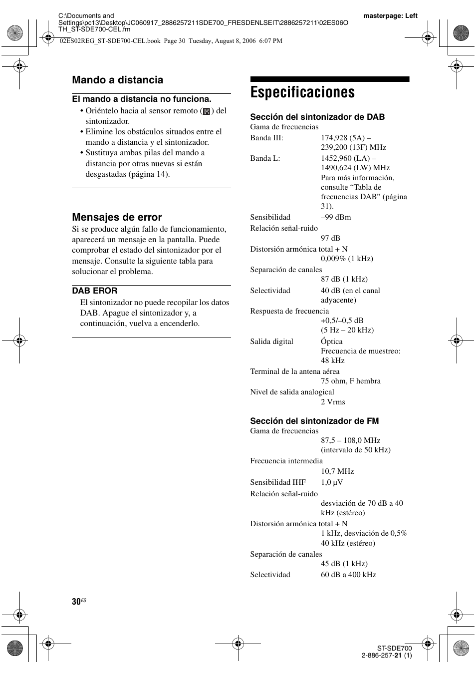 Especificaciones, Mando a distancia, Mensajes de error | Sony ST-SDE700 User Manual | Page 62 / 192