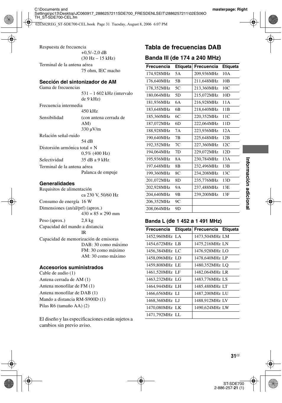 Tabla de frecuencias dab | Sony ST-SDE700 User Manual | Page 63 / 192
