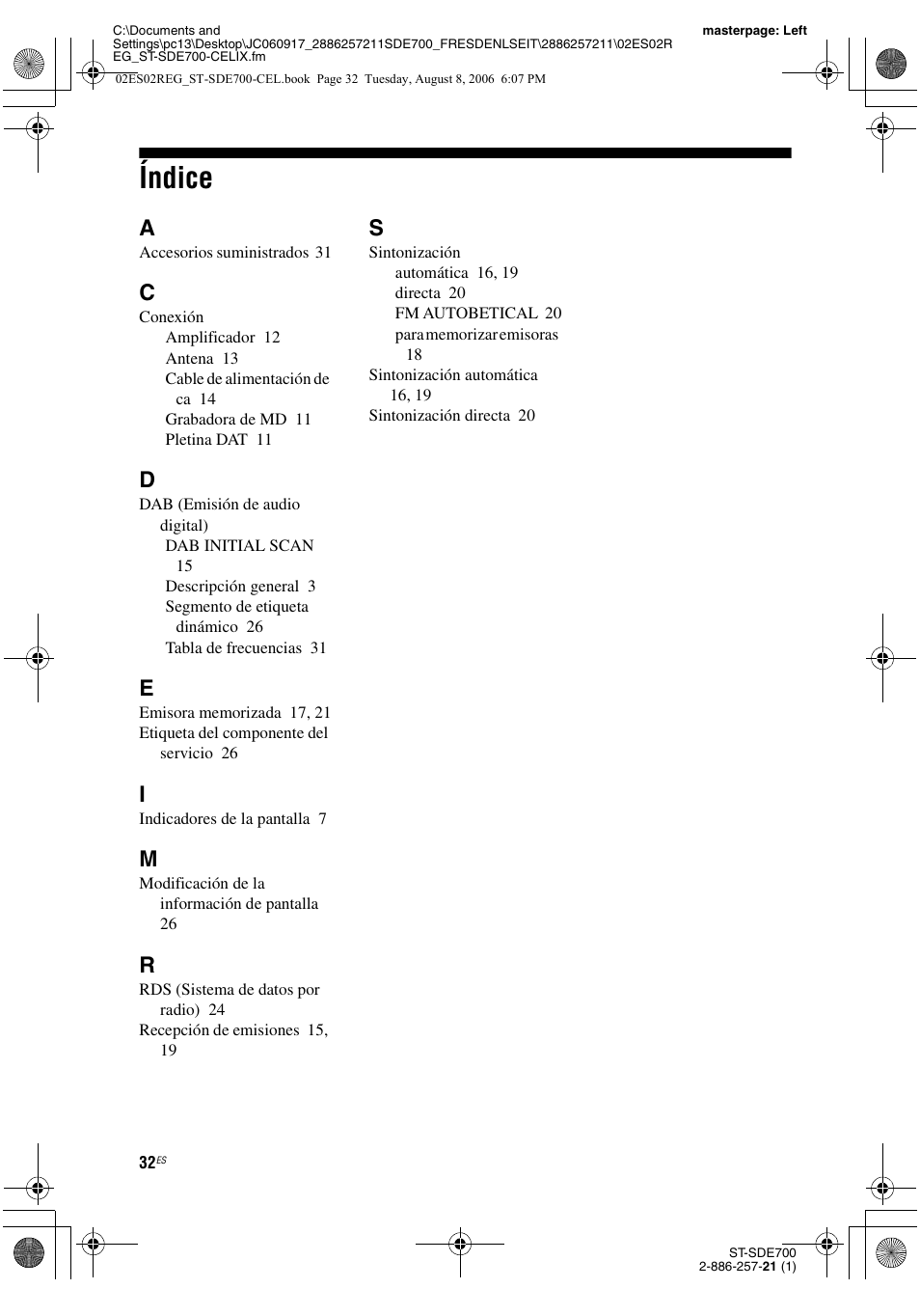 Índice | Sony ST-SDE700 User Manual | Page 64 / 192
