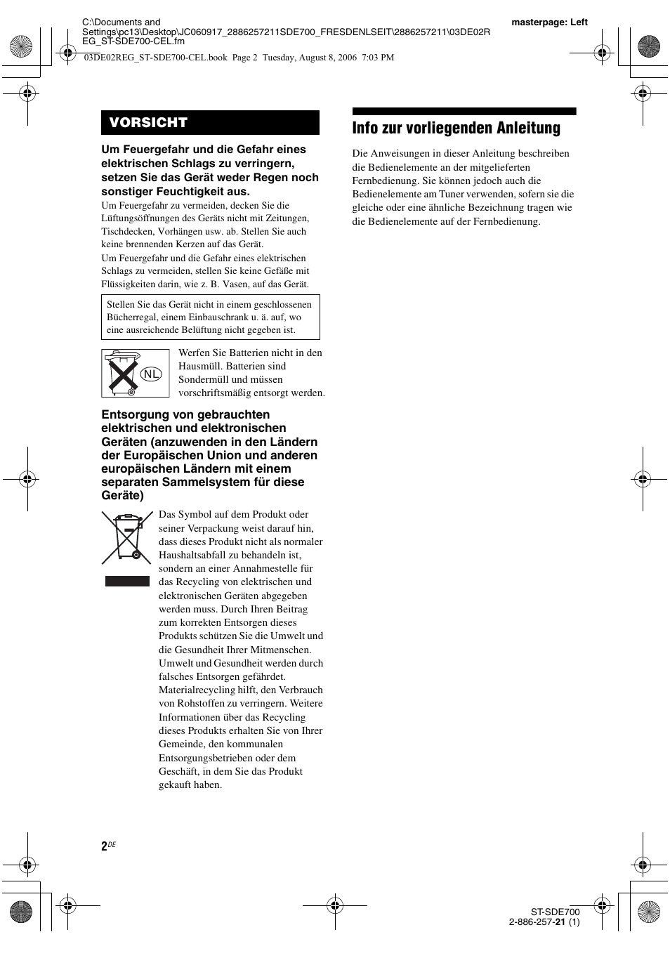 German, Info zur vorliegenden anleitung, Vorsicht | Sony ST-SDE700 User Manual | Page 66 / 192