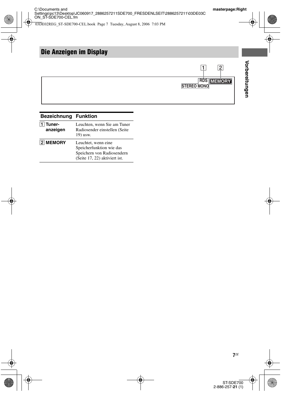 T (seite 7), Die anzeigen im display | Sony ST-SDE700 User Manual | Page 71 / 192