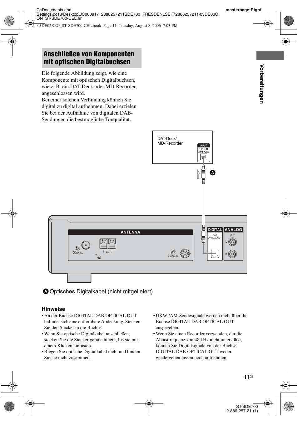Seite 11), Aoptisches digitalkabel (nicht mitgeliefert) | Sony ST-SDE700 User Manual | Page 75 / 192