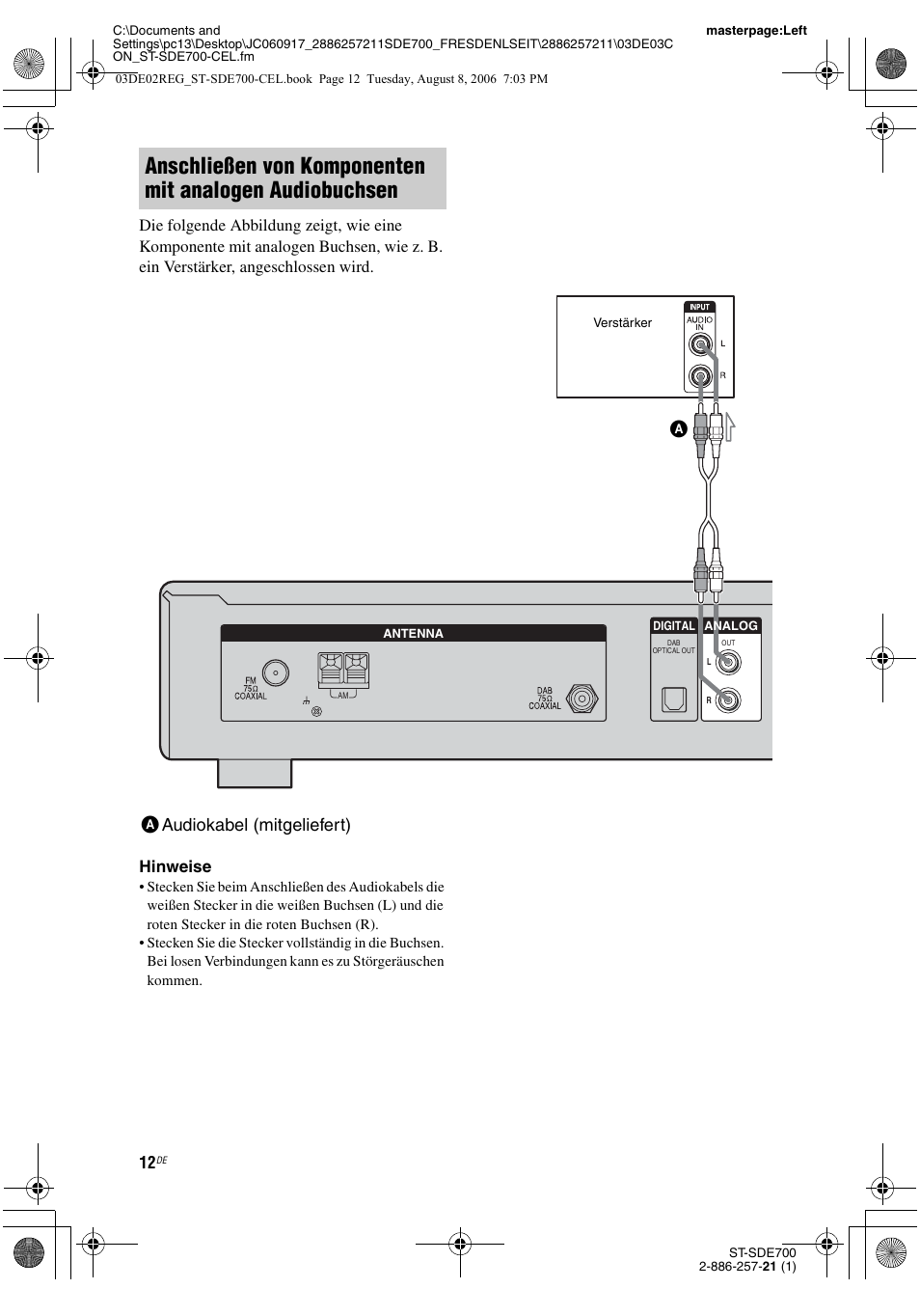 Seite 12), Aaudiokabel (mitgeliefert) | Sony ST-SDE700 User Manual | Page 76 / 192