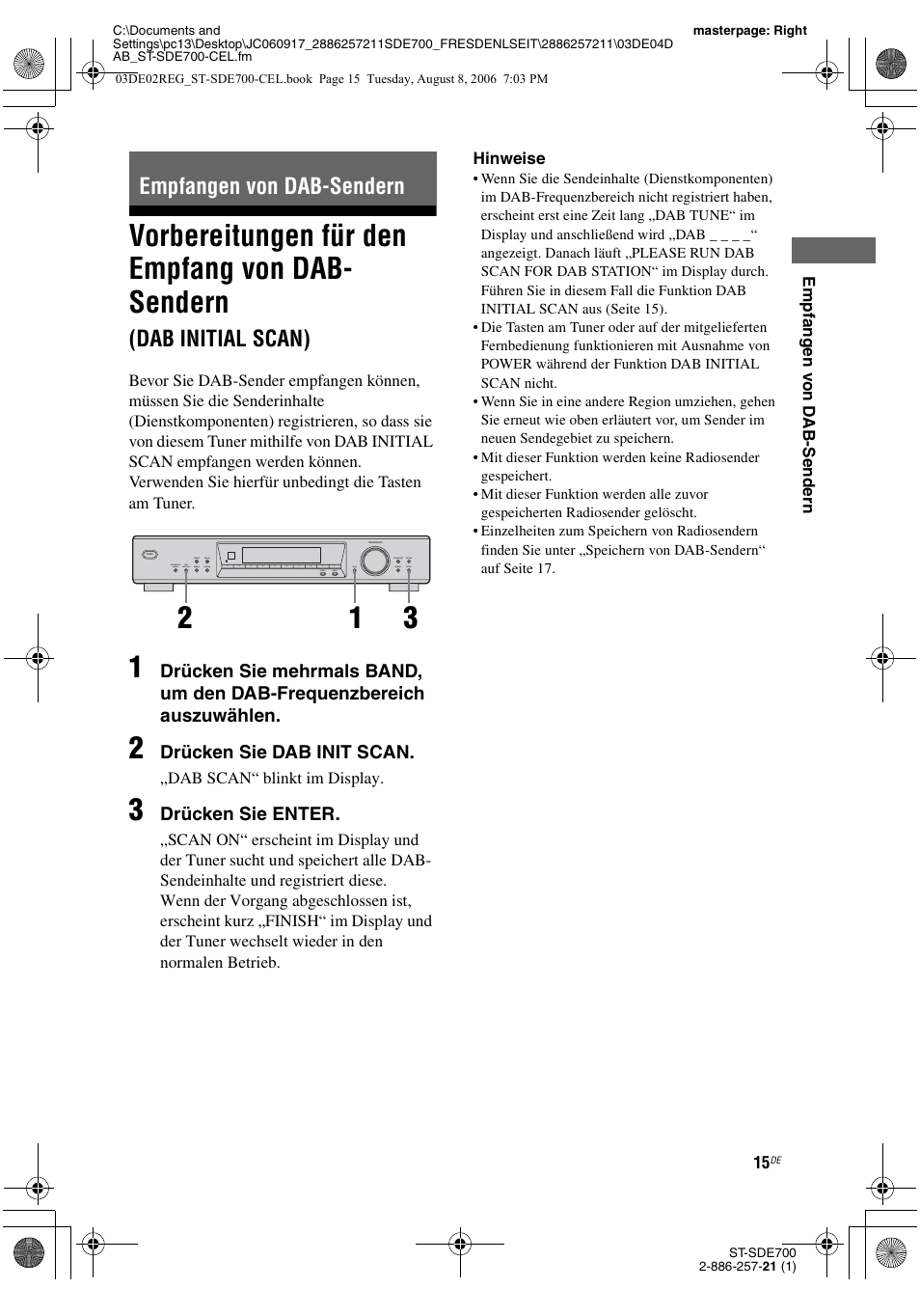 Empfangen von dab-sendern, Empfangen von dab- sendern, Vorbereitungen für den empfang von dab | Sendern (dab initial scan), S (seite 15), Vorbereitungen für den empfang von dab- sendern, Dab initial scan) | Sony ST-SDE700 User Manual | Page 79 / 192