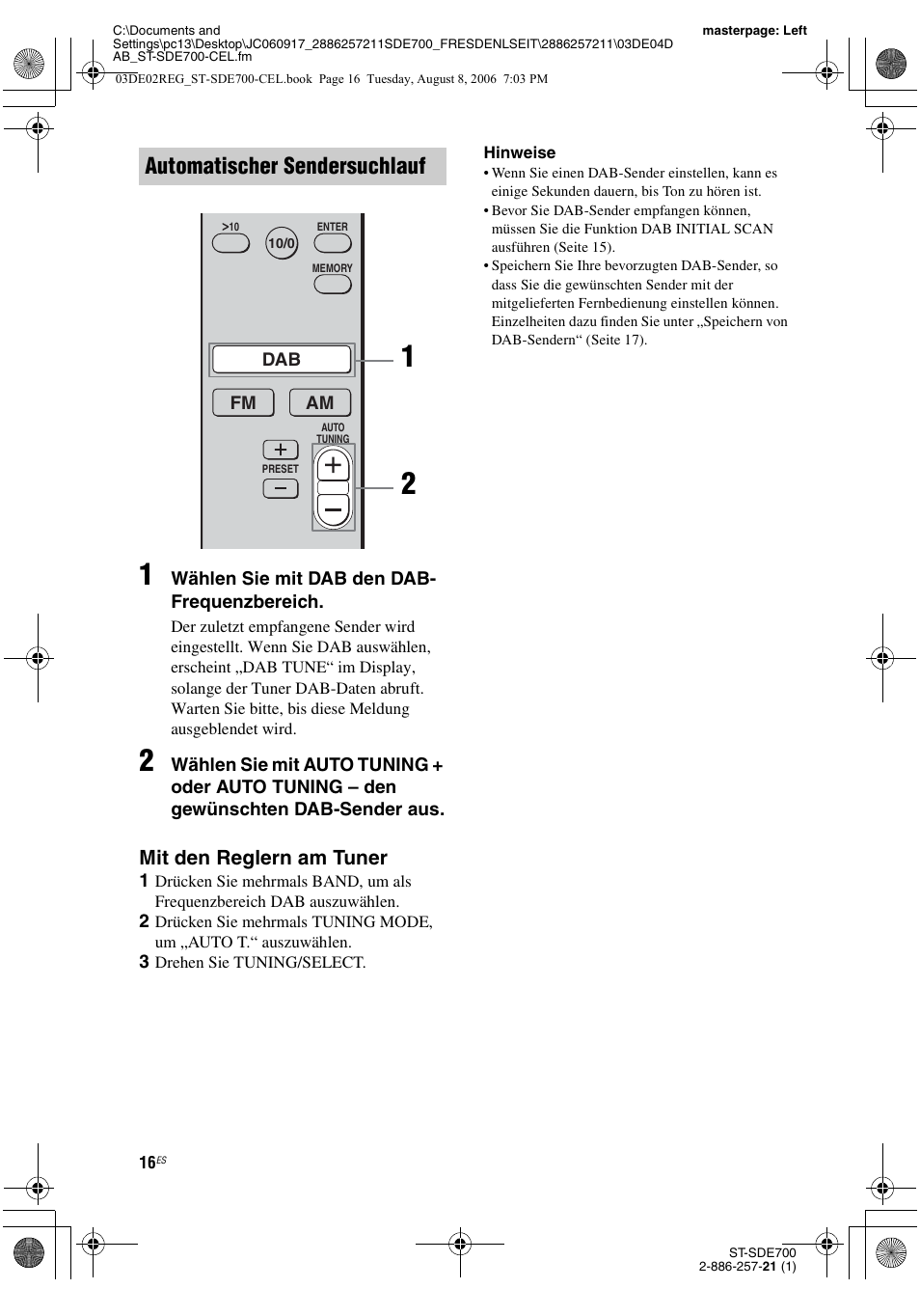 Automatischer sendersuchlauf, Mit den reglern am tuner | Sony ST-SDE700 User Manual | Page 80 / 192
