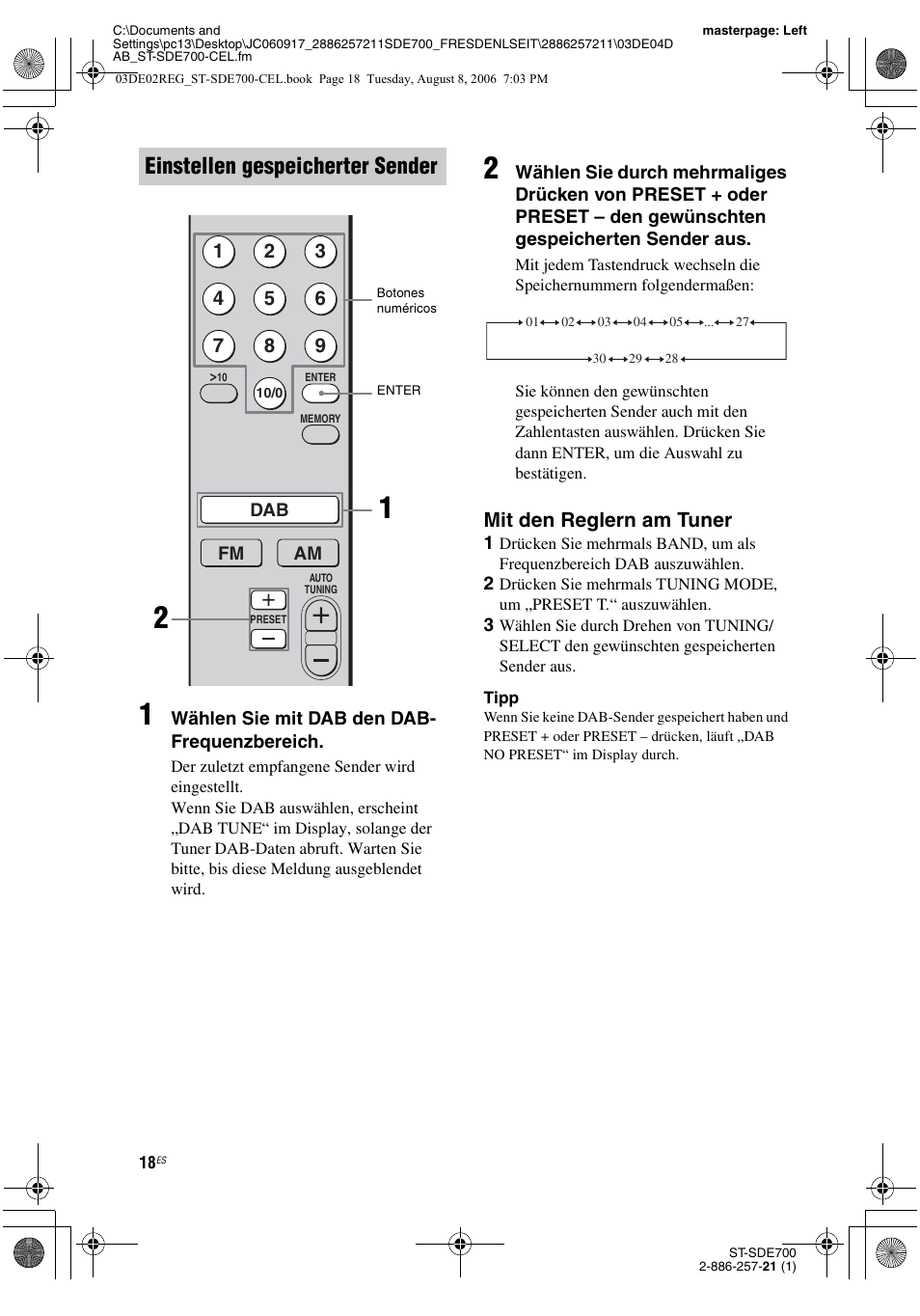 Einstellen gespeicherter sender, Mit den reglern am tuner | Sony ST-SDE700 User Manual | Page 82 / 192