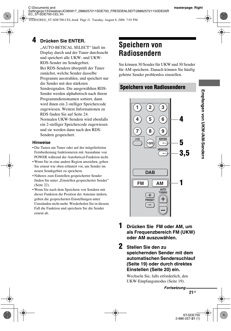 Speichern von radiosendern | Sony ST-SDE700 User Manual | Page 85 / 192