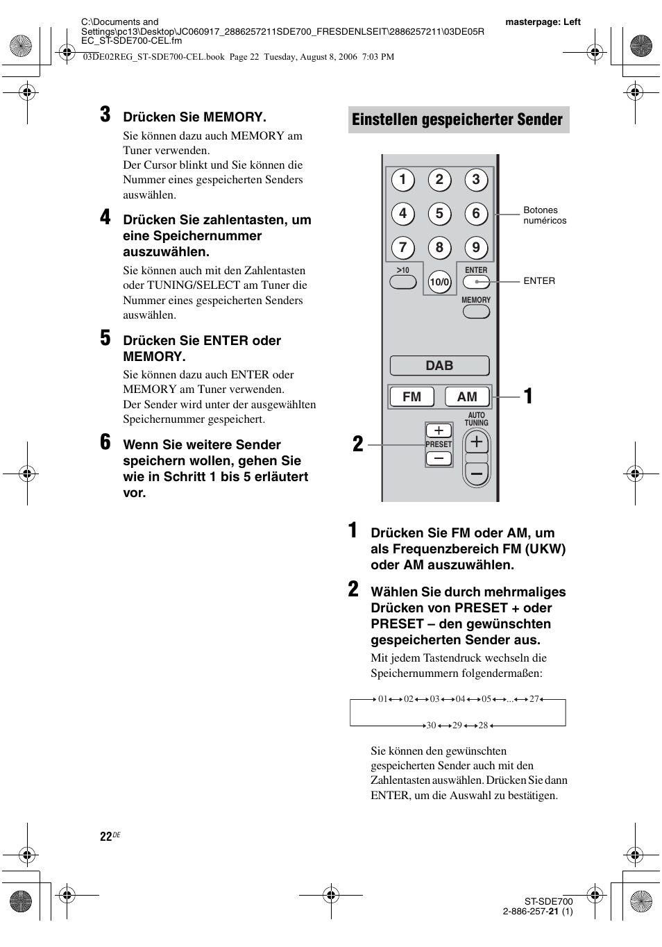 Einstellen gespeicherter sender“ (seite 22), Einstellen gespeicherter sender | Sony ST-SDE700 User Manual | Page 86 / 192