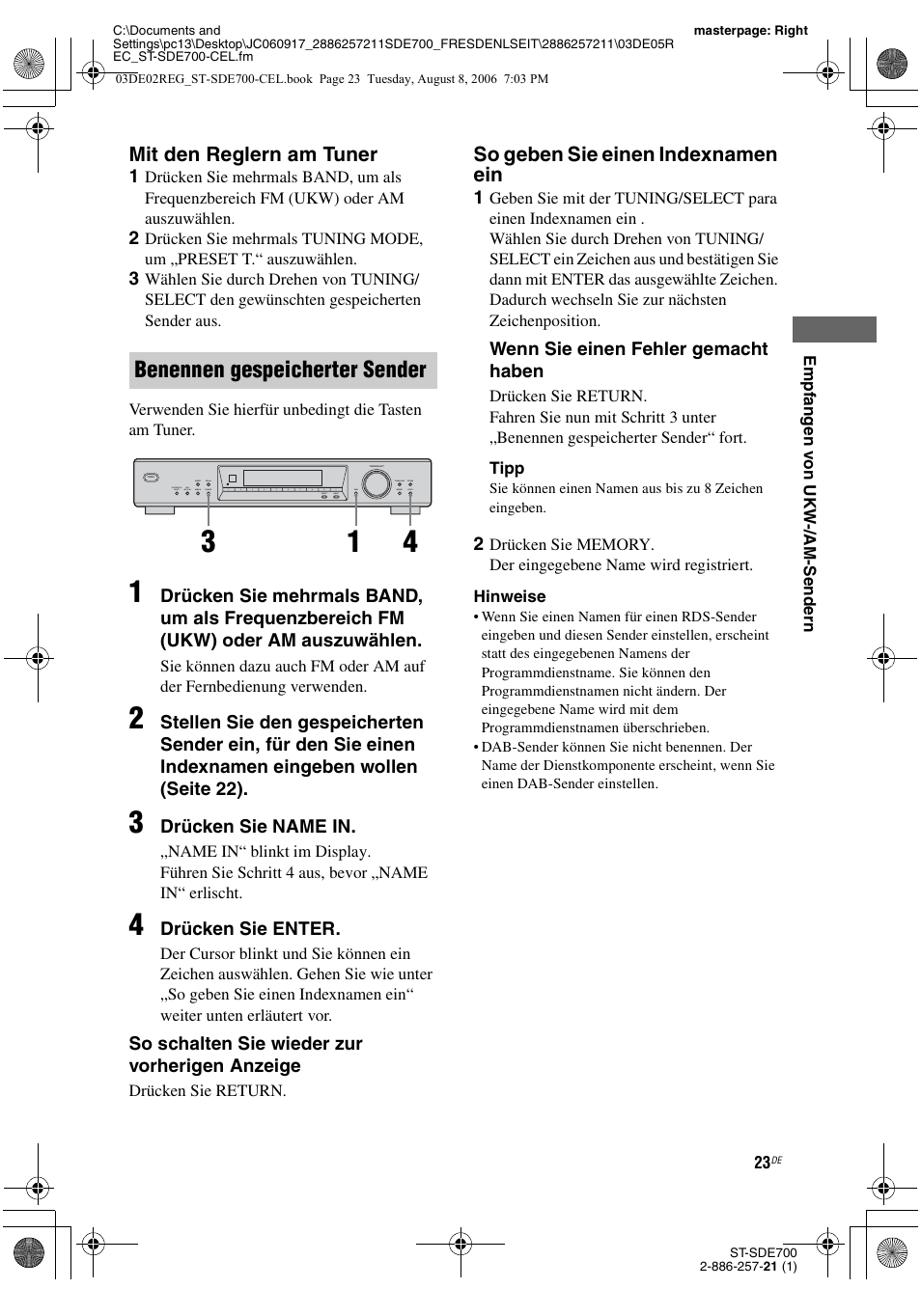 H (seite 23), Benennen gespeicherter sender, Mit den reglern am tuner | So geben sie einen indexnamen ein | Sony ST-SDE700 User Manual | Page 87 / 192