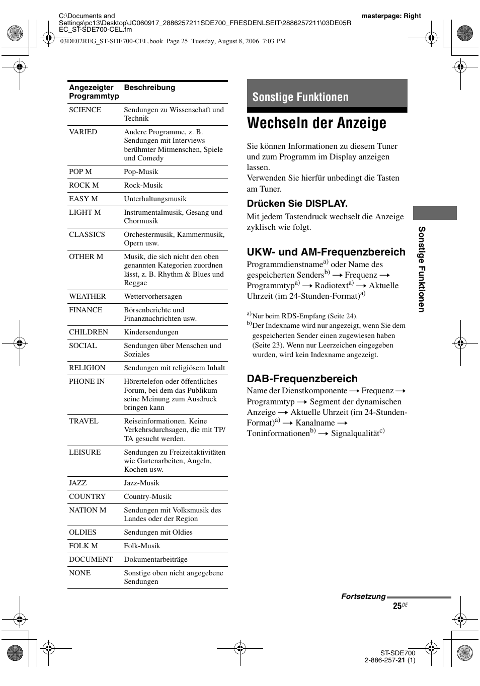 Sonstige funktionen, Wechseln der anzeige, Ukw- und am-frequenzbereich | Dab-frequenzbereich | Sony ST-SDE700 User Manual | Page 89 / 192