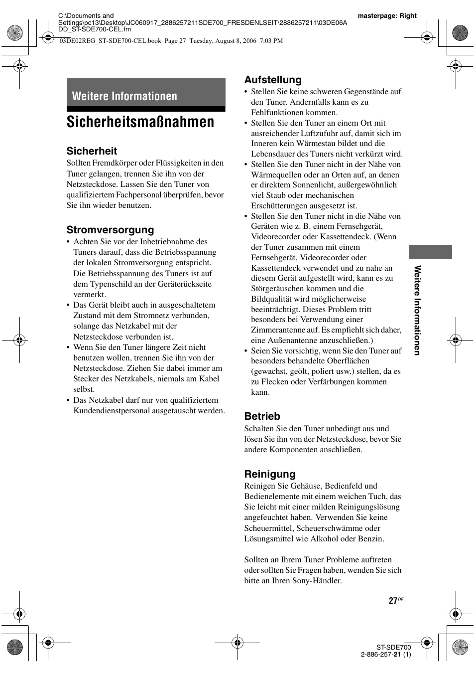 Weitere informationen, Sicherheitsmaßnahmen, Sicherheit | Stromversorgung, Aufstellung, Betrieb, Reinigung | Sony ST-SDE700 User Manual | Page 91 / 192
