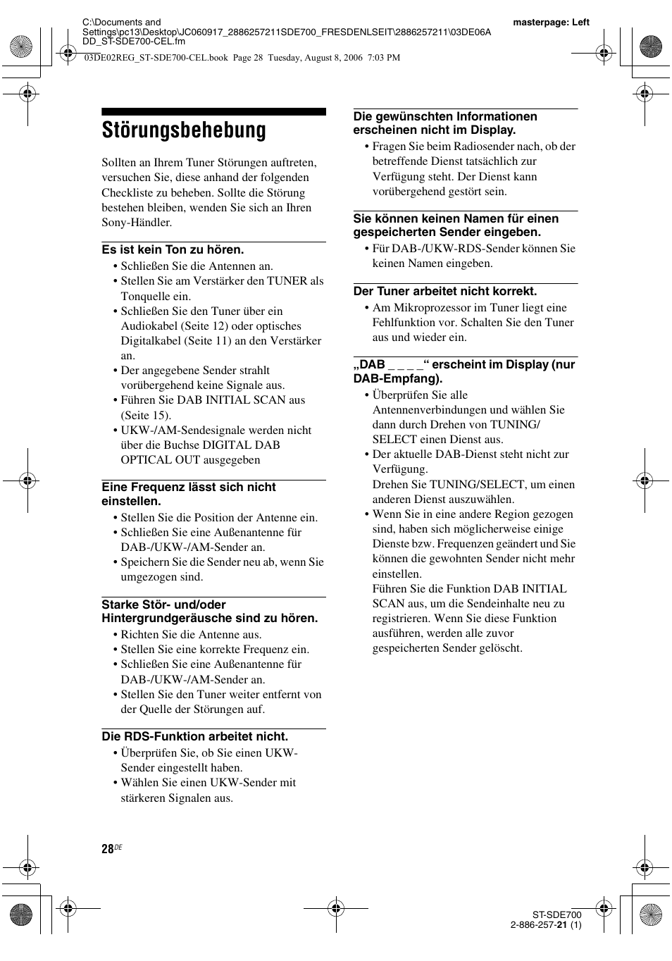 Störungsbehebung | Sony ST-SDE700 User Manual | Page 92 / 192
