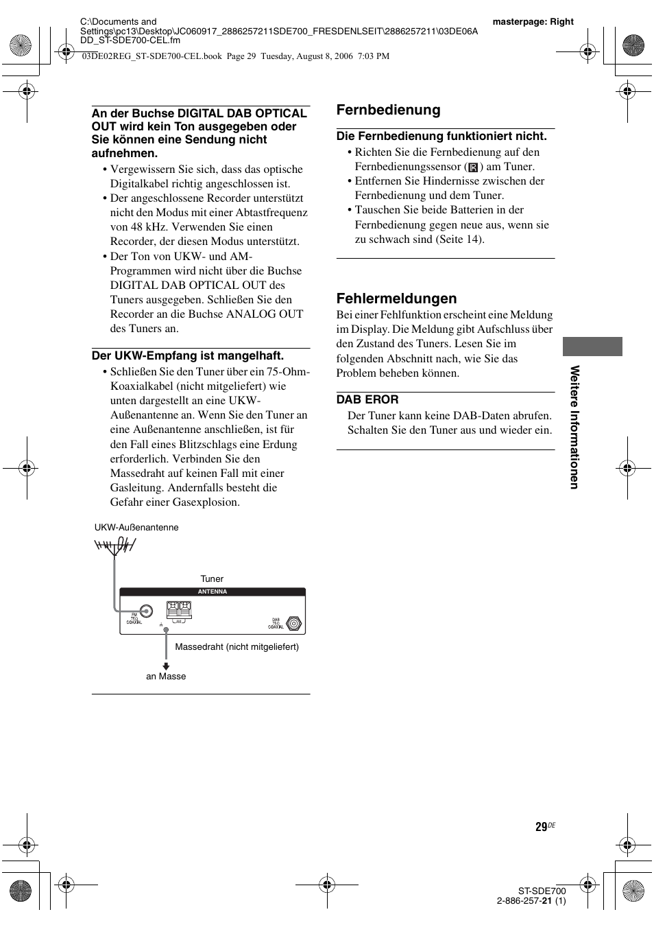 Fernbedienung, Fehlermeldungen | Sony ST-SDE700 User Manual | Page 93 / 192