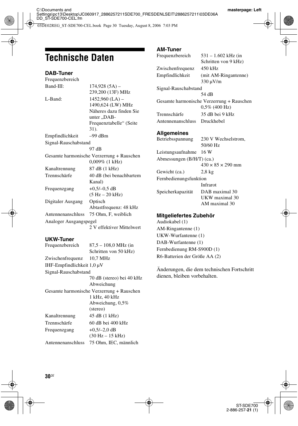 Technische daten | Sony ST-SDE700 User Manual | Page 94 / 192