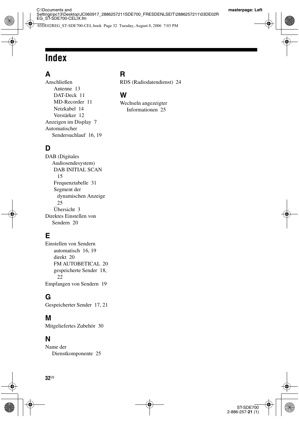 Index | Sony ST-SDE700 User Manual | Page 96 / 192