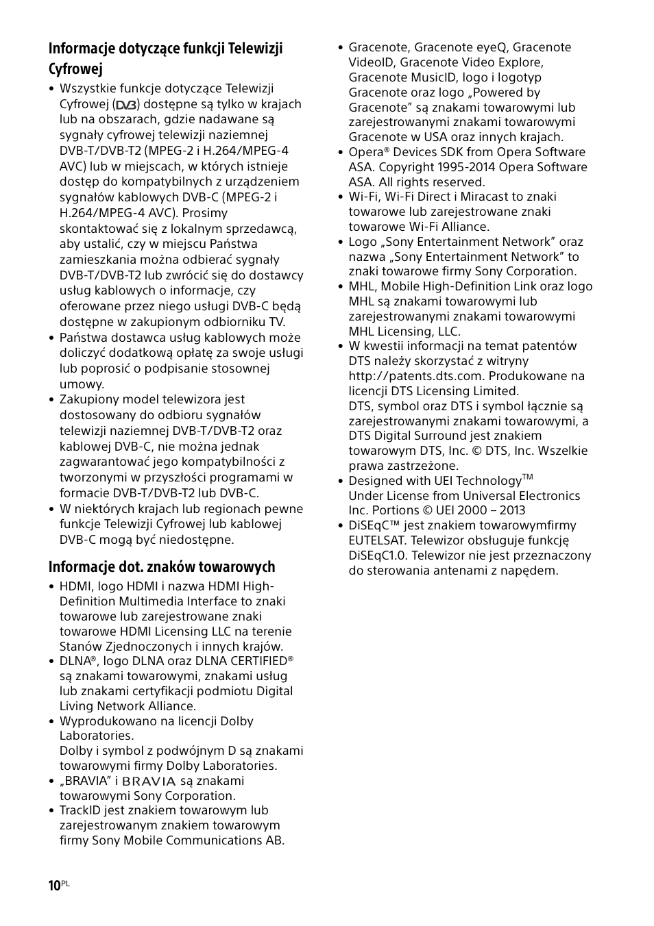 Informacje dotyczące funkcji telewizji cyfrowej, Informacje dot. znaków towarowych | Sony KDL-48W585B User Manual | Page 106 / 192
