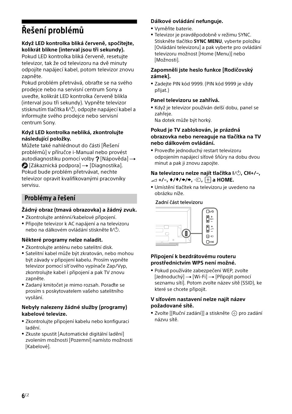 Řešení problémů, Problémy a řešení | Sony KDL-48W585B User Manual | Page 112 / 192
