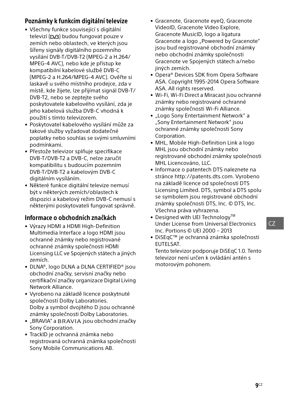 Poznámky k funkcím digitální televize, Informace o obchodních značkách | Sony KDL-48W585B User Manual | Page 115 / 192