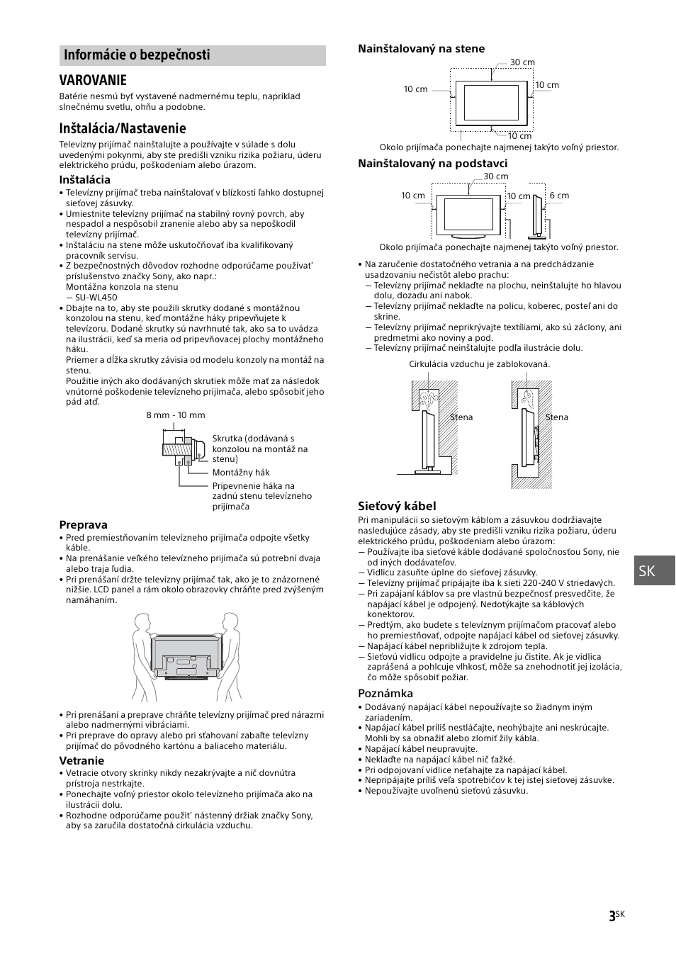 Informácie o bezpečnosti, Sk 3, Varovanie | Inštalácia/nastavenie | Sony KDL-48W585B User Manual | Page 117 / 192