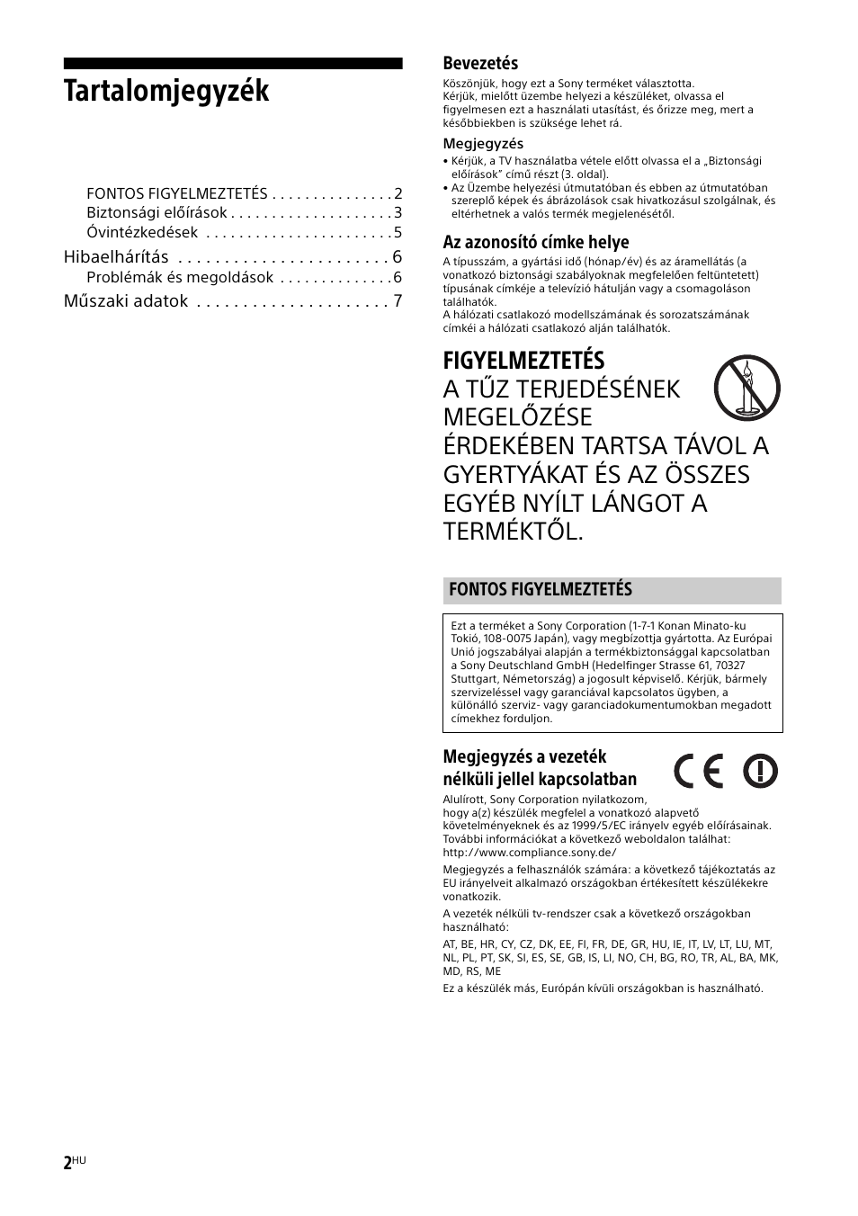 Fontos figyelmeztetés, Tartalomjegyzék, Bevezetés | Az azonosító címke helye, Megjegyzés a vezeték nélküli jellel kapcsolatban | Sony KDL-48W585B User Manual | Page 124 / 192