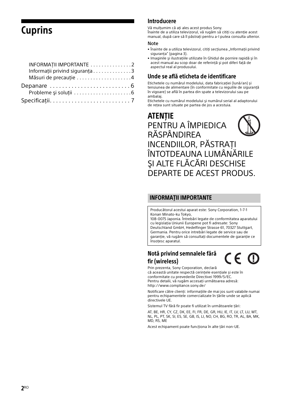 Informaţii importante, Cuprins, Introducere | Unde se află eticheta de identificare, Notă privind semnalele fără fir (wireless) | Sony KDL-48W585B User Manual | Page 132 / 192