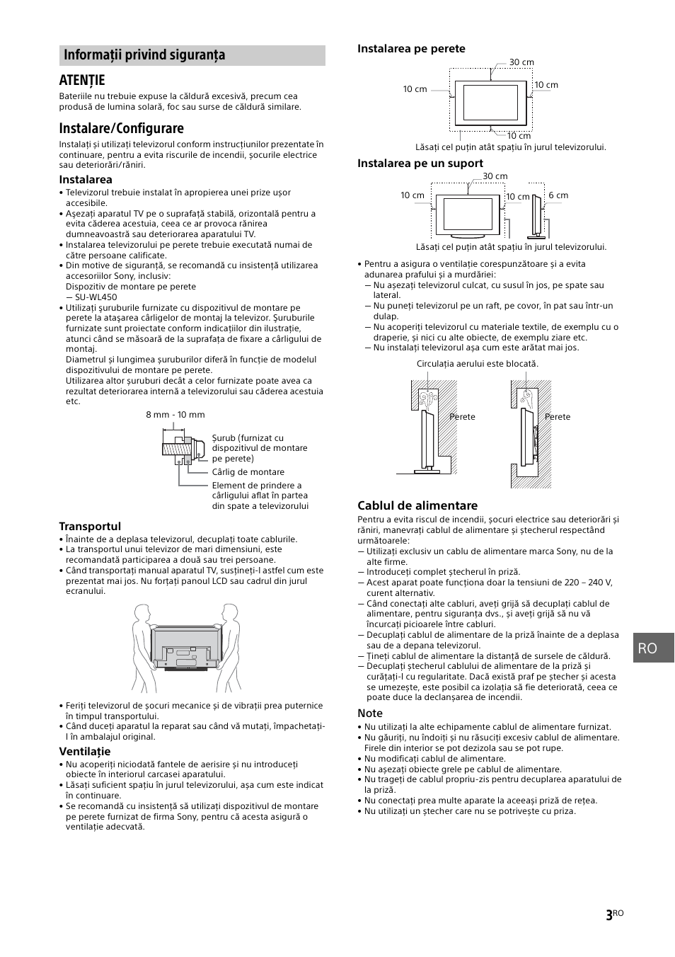 Informaţii privind siguranţa, A „informaţii privind, Siguranţa | Ro 3, Atenţie, Instalare/configurare | Sony KDL-48W585B User Manual | Page 133 / 192