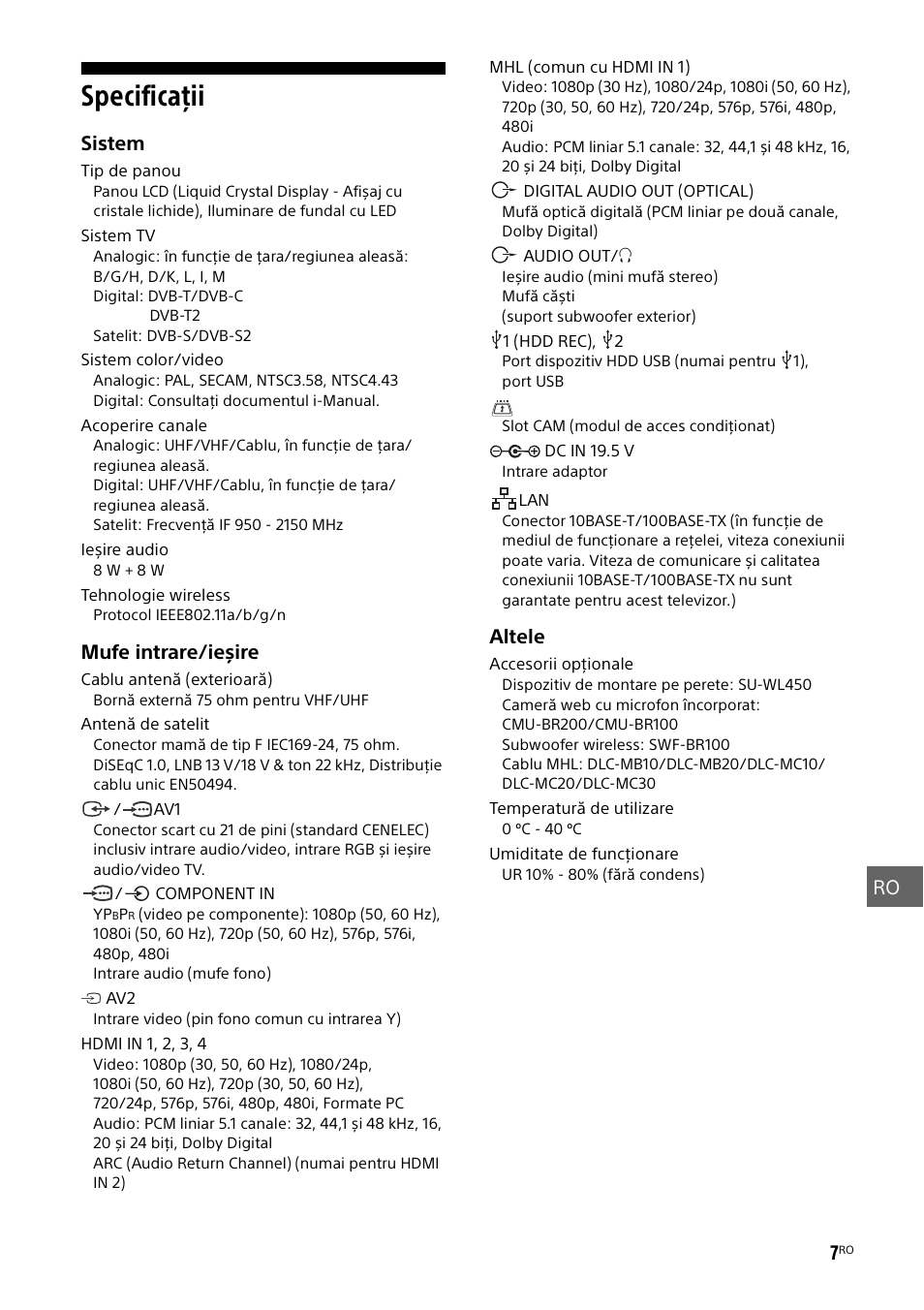 Specificaţii, Ro 7, Sistem | Mufe intrare/ieșire, Altele | Sony KDL-48W585B User Manual | Page 137 / 192