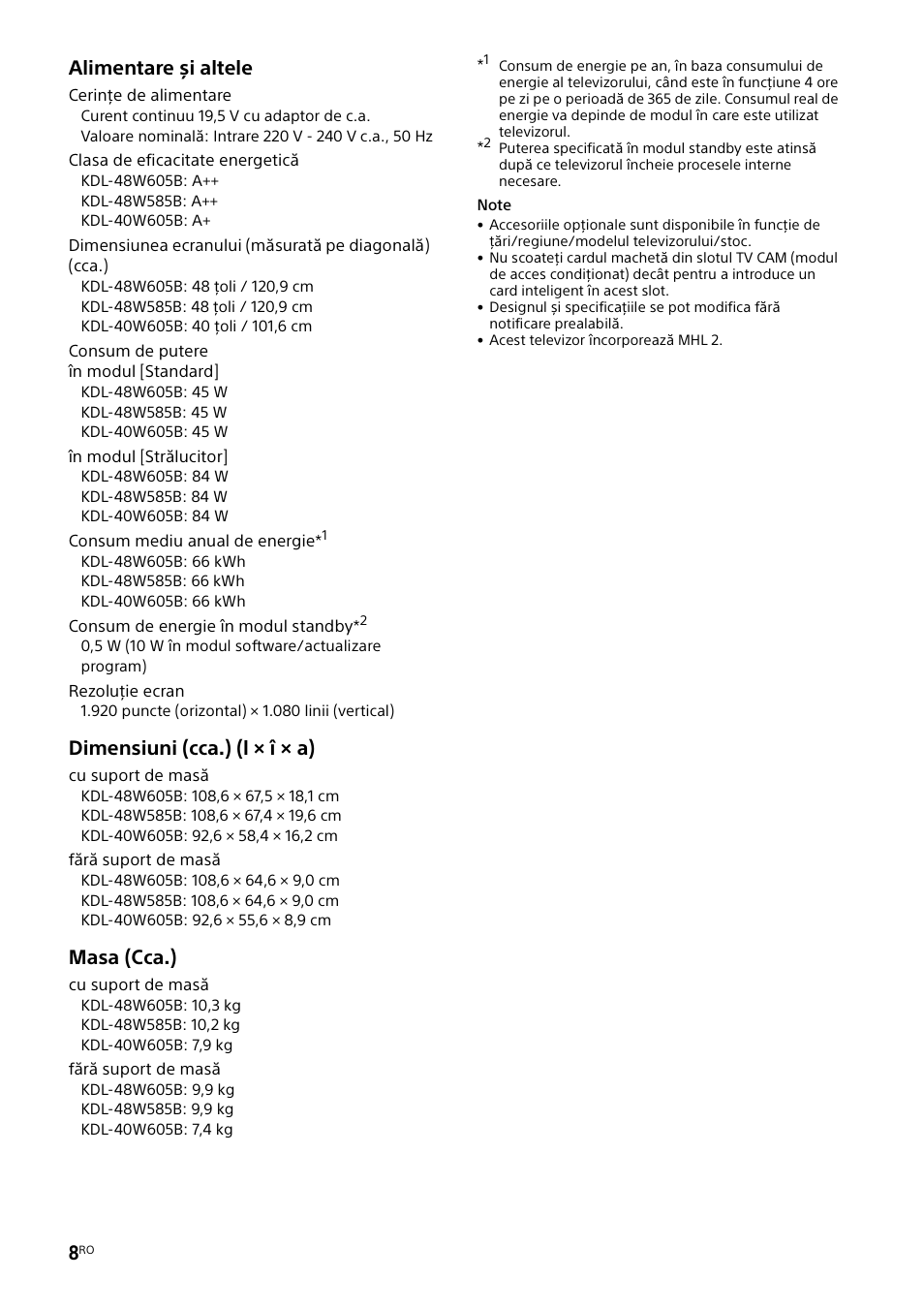 Alimentare și altele, Masa (cca.) | Sony KDL-48W585B User Manual | Page 138 / 192