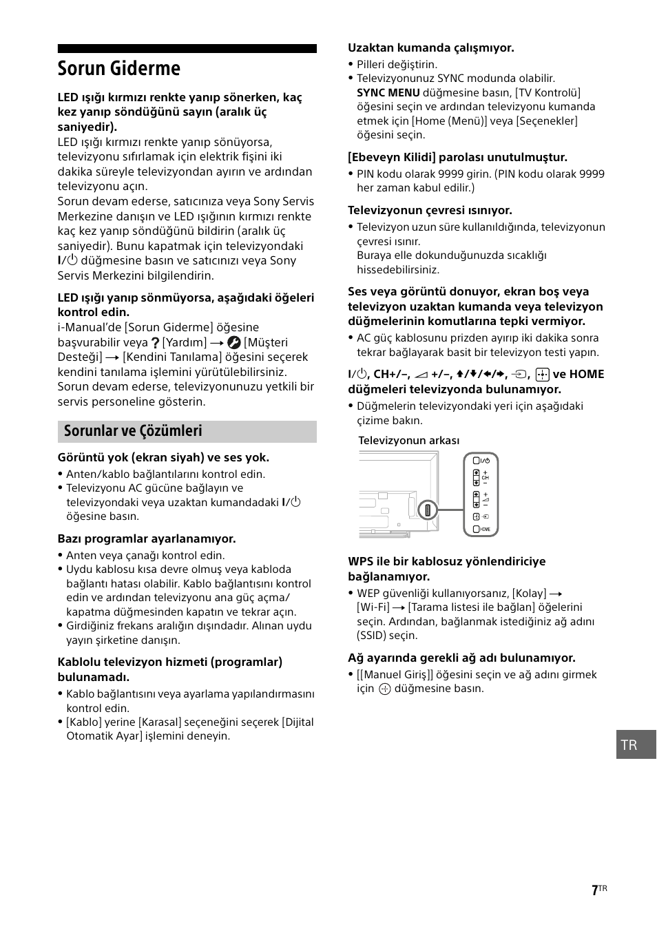 Sorun giderme, Sorunlar ve çözümleri | Sony KDL-48W585B User Manual | Page 167 / 192