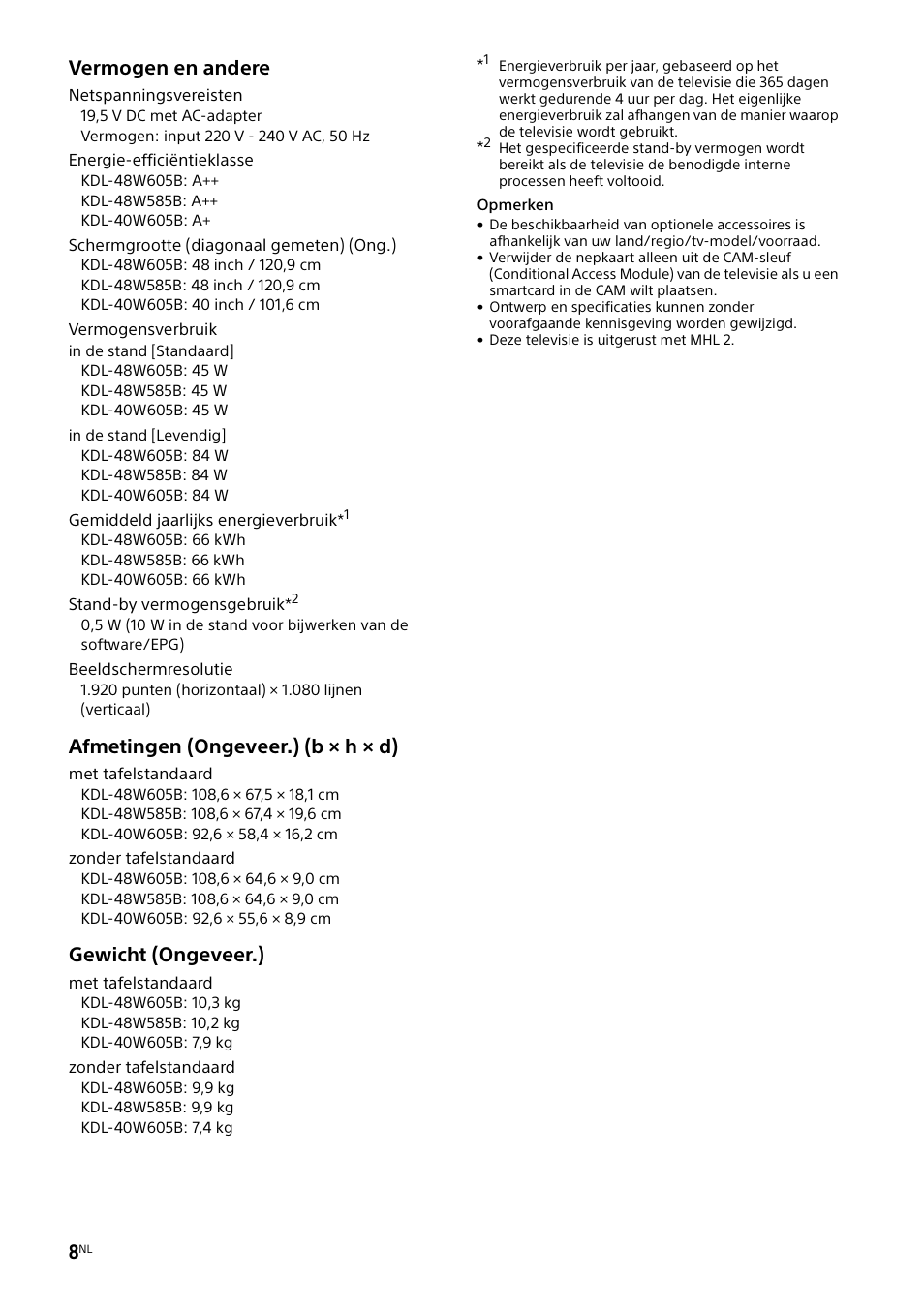 Vermogen en andere, Afmetingen (ongeveer.) (b × h × d), Gewicht (ongeveer.) | Sony KDL-48W585B User Manual | Page 36 / 192