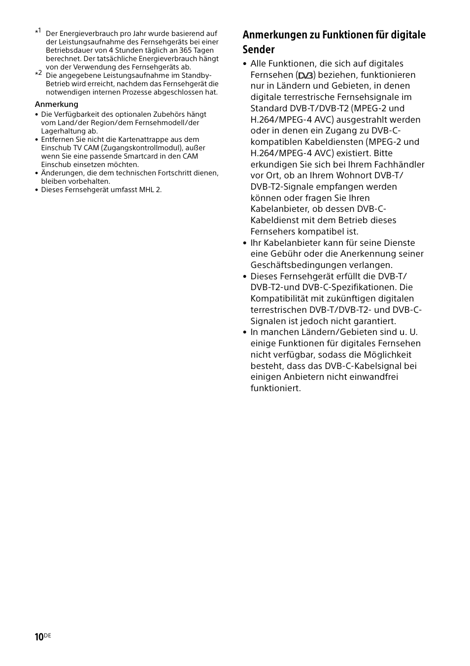 Anmerkungen zu funktionen für digitale sender | Sony KDL-48W585B User Manual | Page 46 / 192