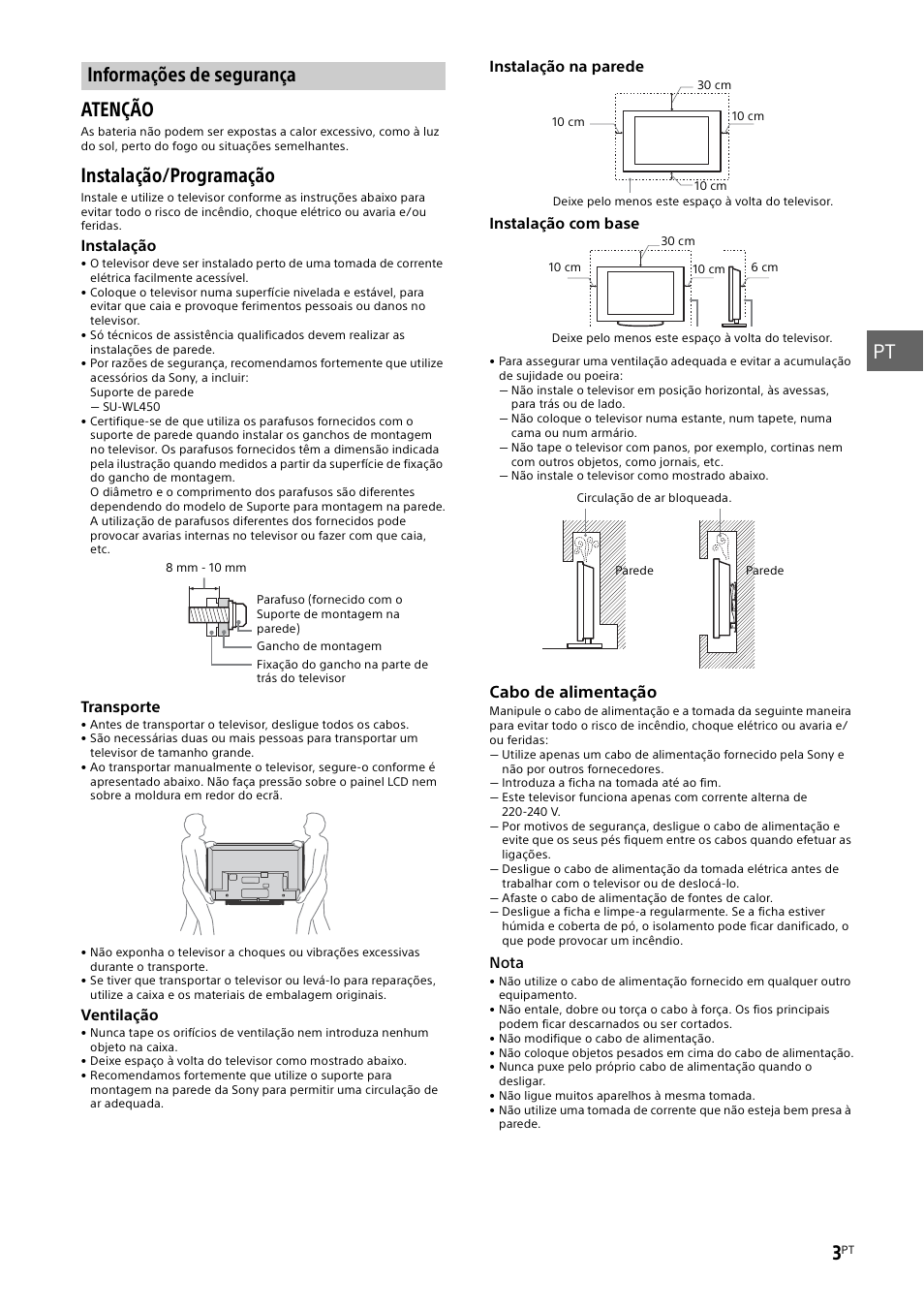 Informações de segurança, Pt 3, Atenção | Instalação/programação | Sony KDL-48W585B User Manual | Page 49 / 192